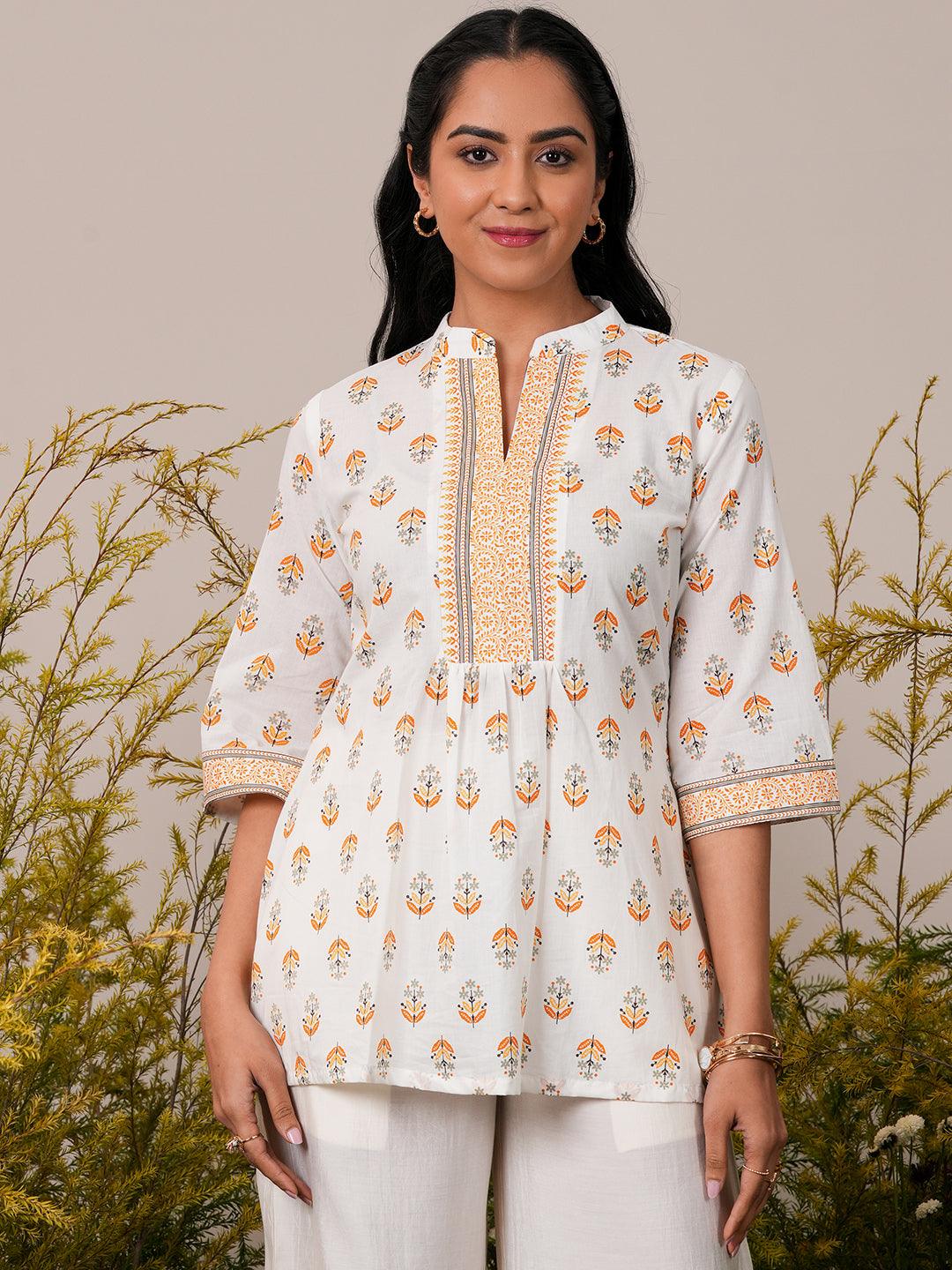 White Printed Cotton Straight Kurti - Jashvi