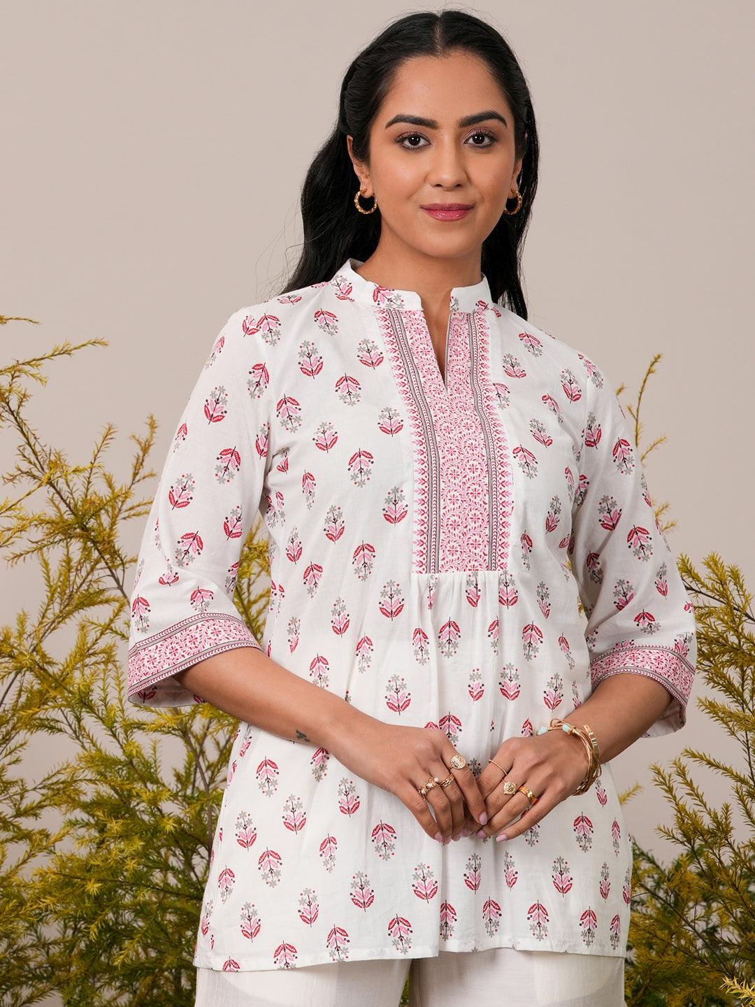 White Printed Cotton Straight Kurti - Jashvi