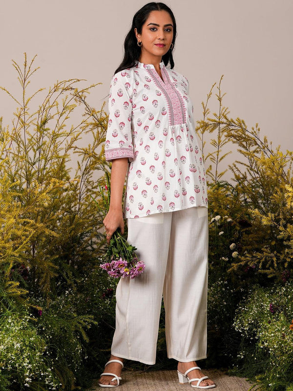 White Printed Cotton Straight Kurti