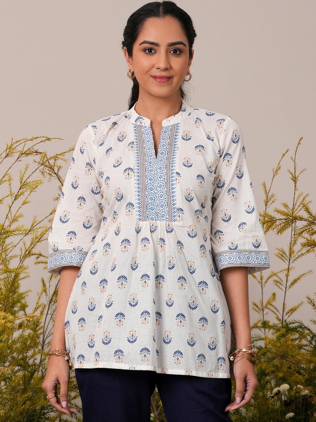 White Printed Cotton Straight Kurti - Jashvi