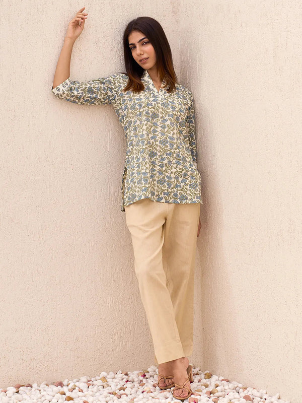 Off White Printed Cotton Straight Kurti