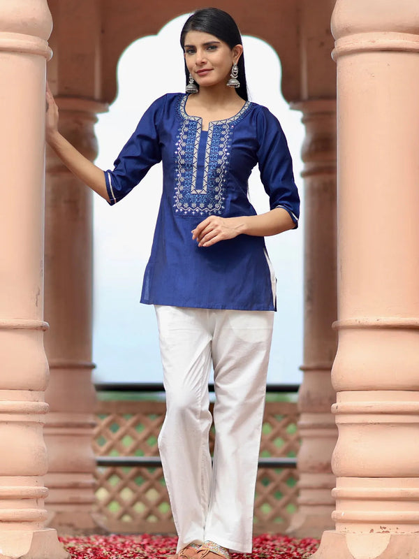 Blue Embroidered Silk Blend Straight Kurti