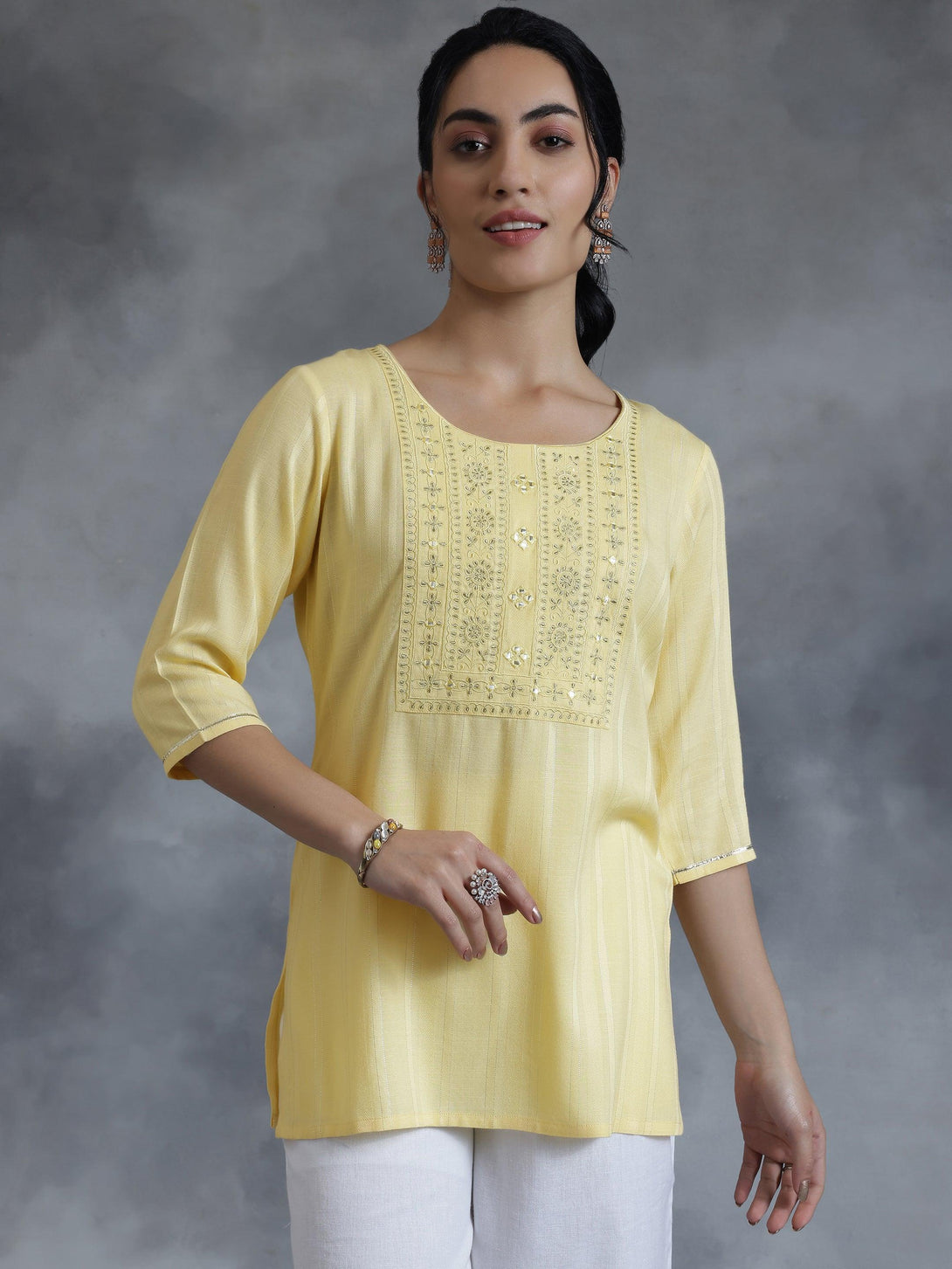 Yellow Woven Design Rayon Straight Kurti - Jashvi