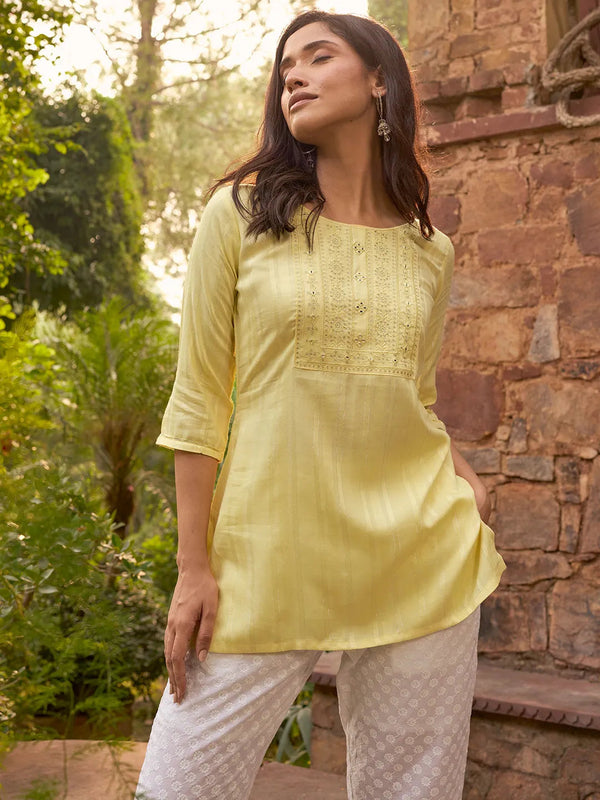 Yellow Woven Design Rayon Straight Kurti