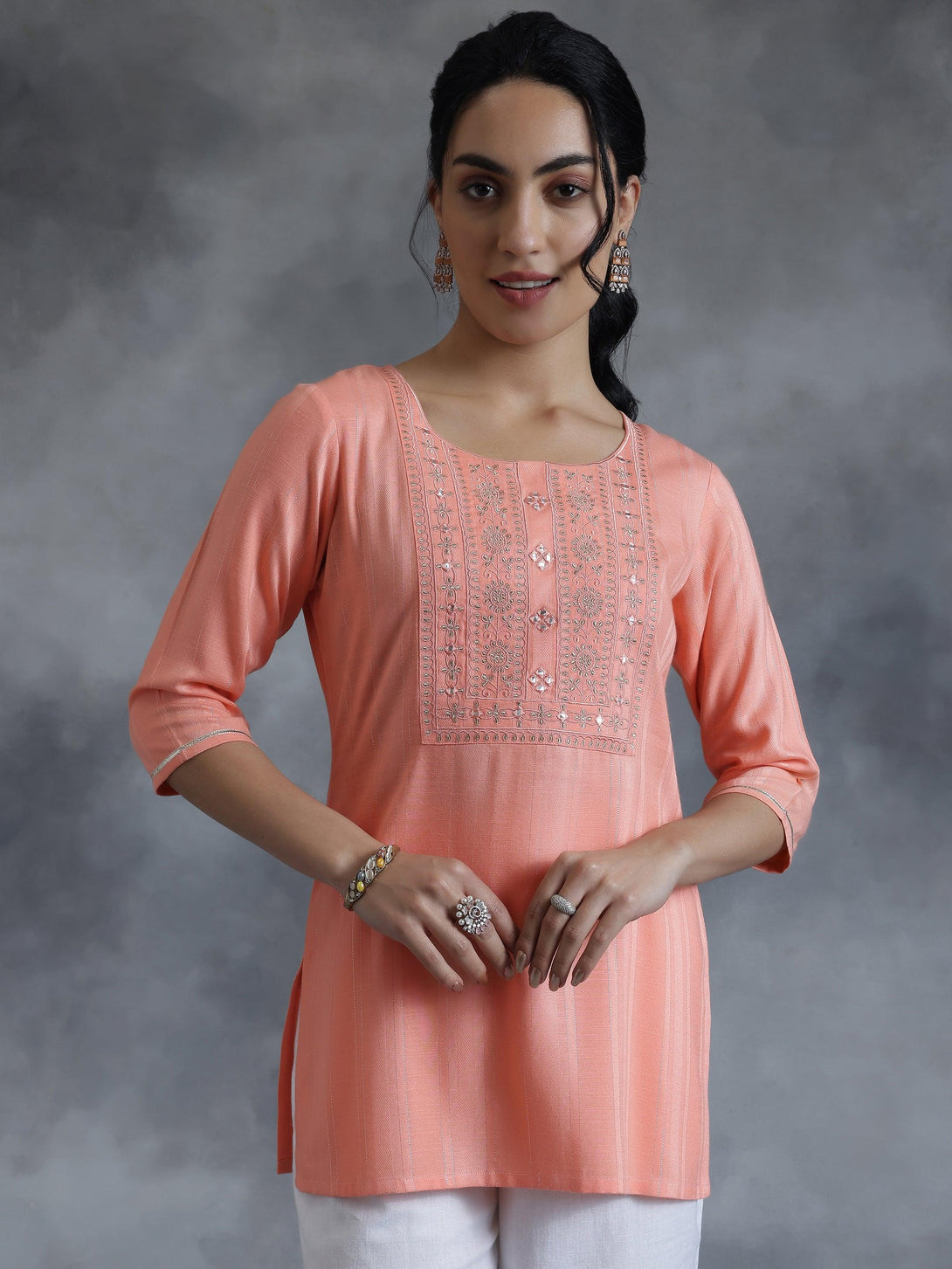 Peach Woven Design Rayon Straight Kurti - Jashvi