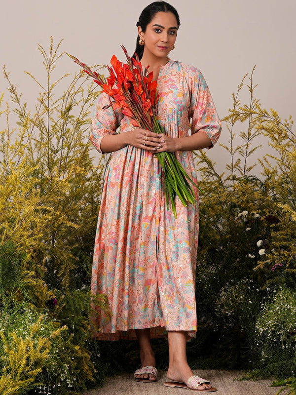 Peach Printed Silk Fit and Flare Dress