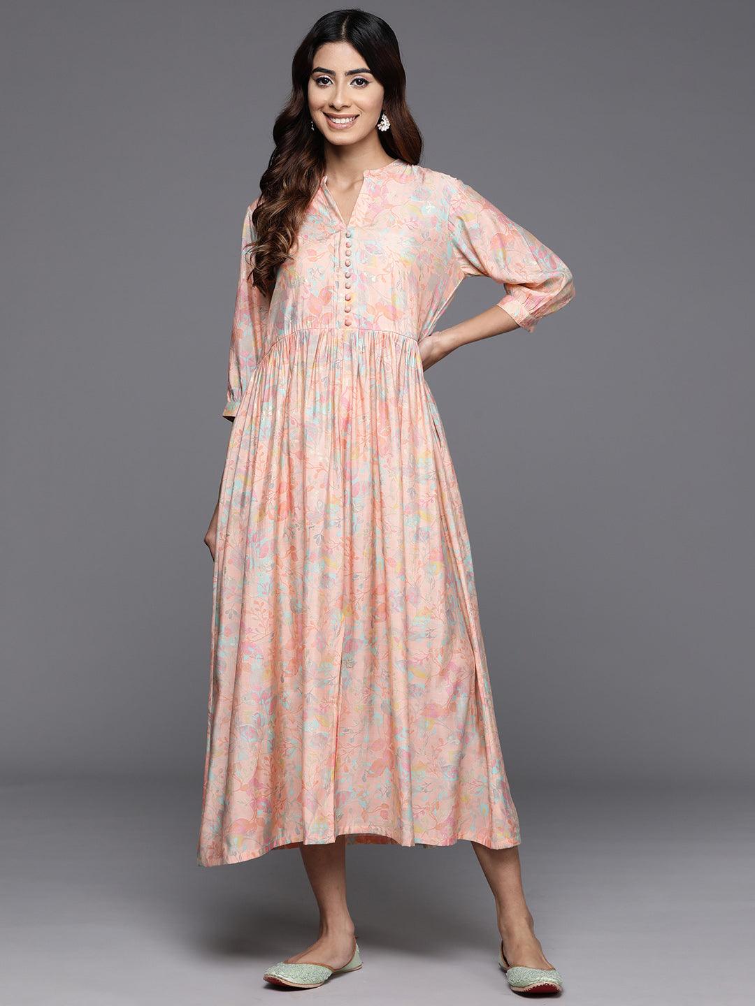 Peach Printed Silk Fit and Flare Dress - Jashvi