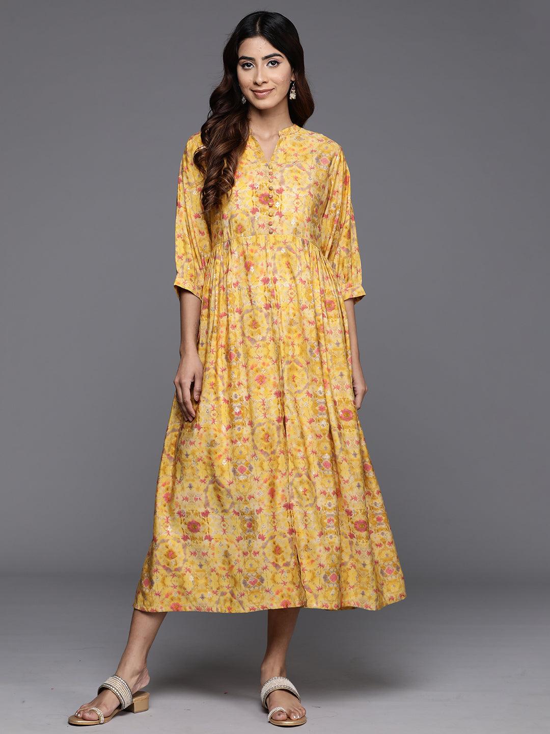 Yellow Printed Silk Fit and Flare Dress - Jashvi