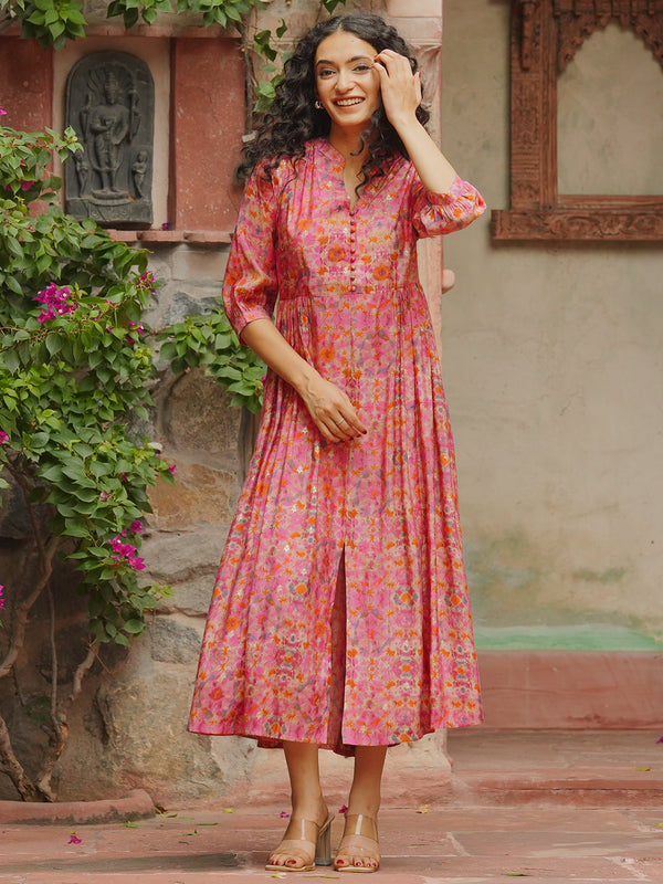 Pink Printed Silk Fit and Flare Dress