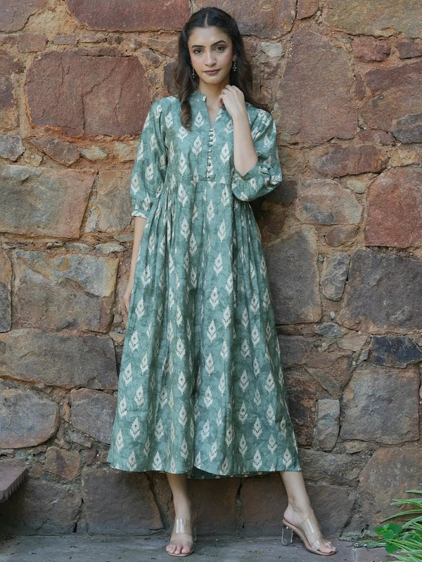 Green Printed Silk Fit and Flare Dress