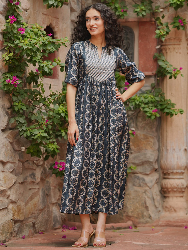 Grey Printed Silk Fit and Flare Dress