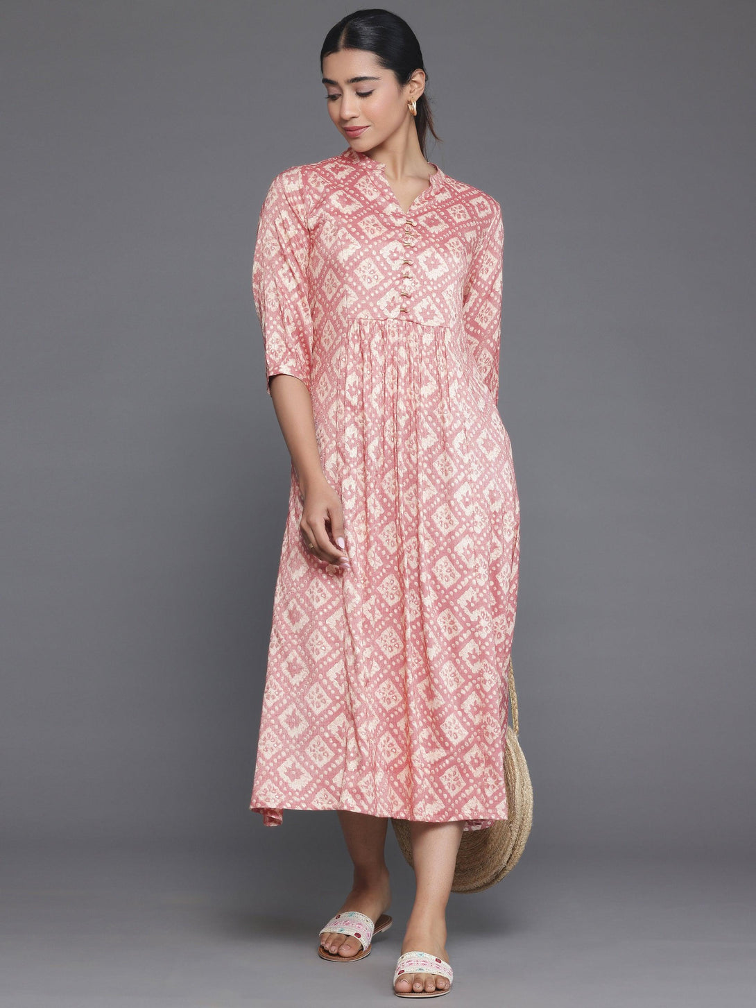 Peach Printed Silk A-Line Dress - Jashvi