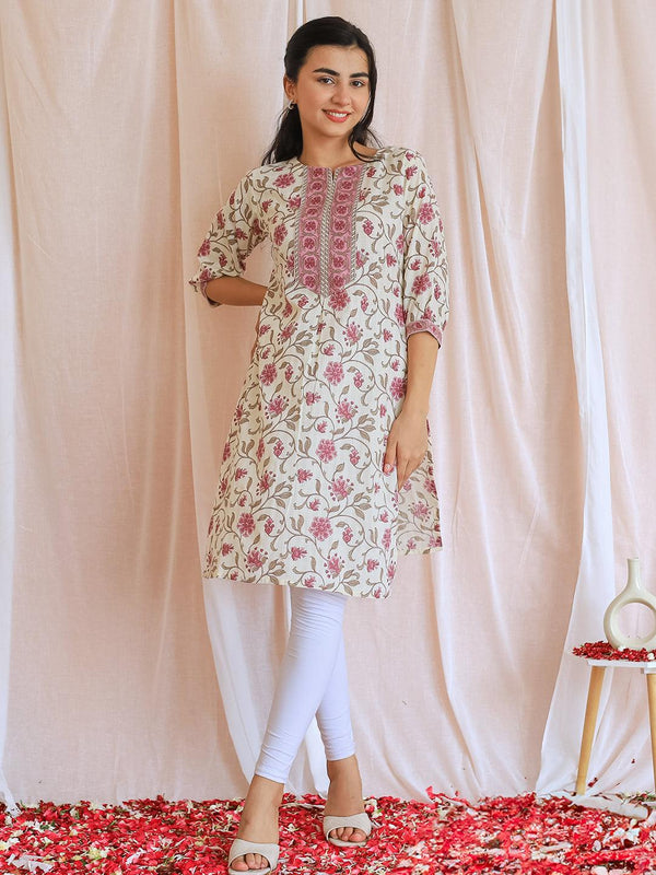 Beige Printed Cotton Straight Kurta