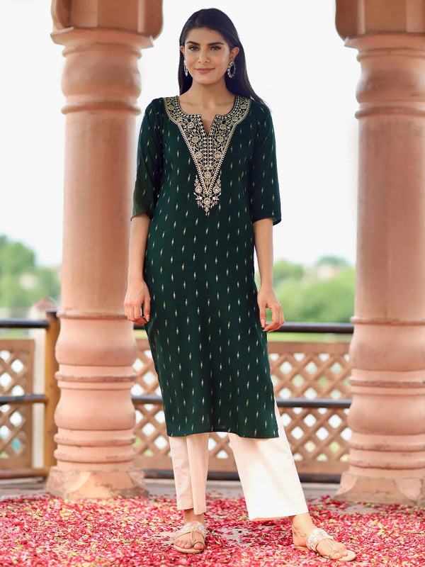 Green Woven Design Cotton Straight Kurta