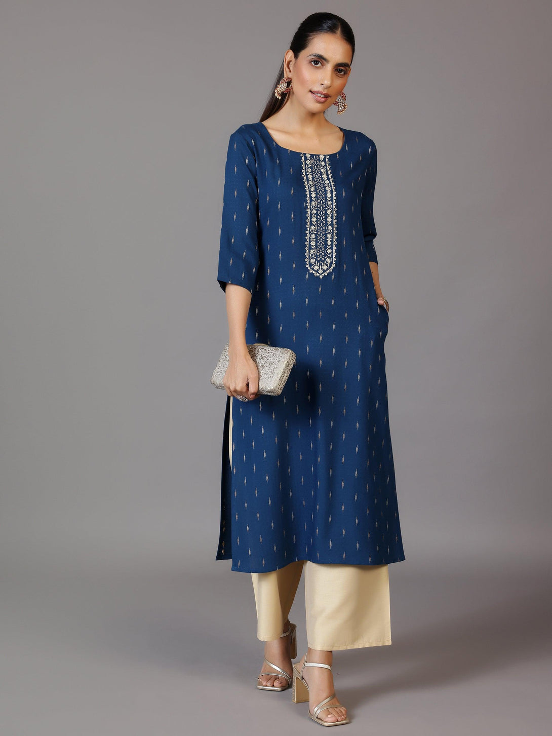 Blue Woven Design Cotton Straight Kurta - Jashvi