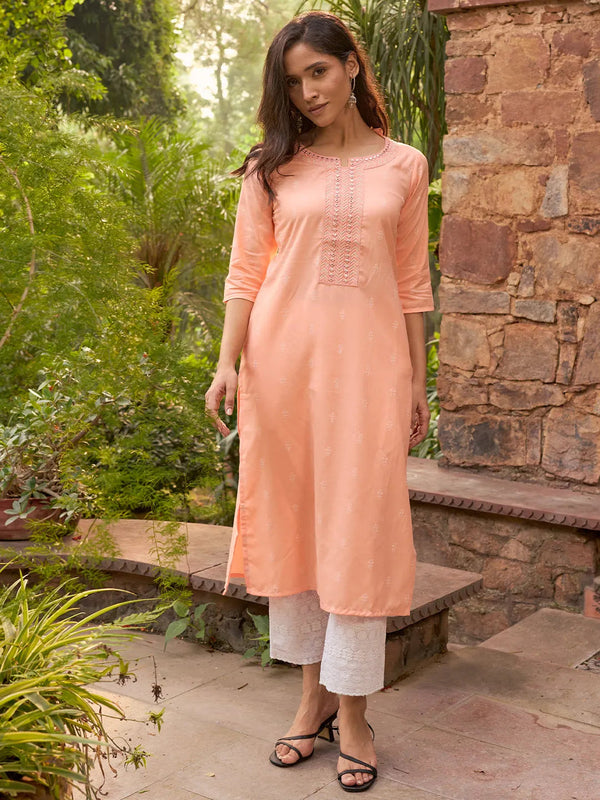 Peach Woven Design Cotton Straight Kurta