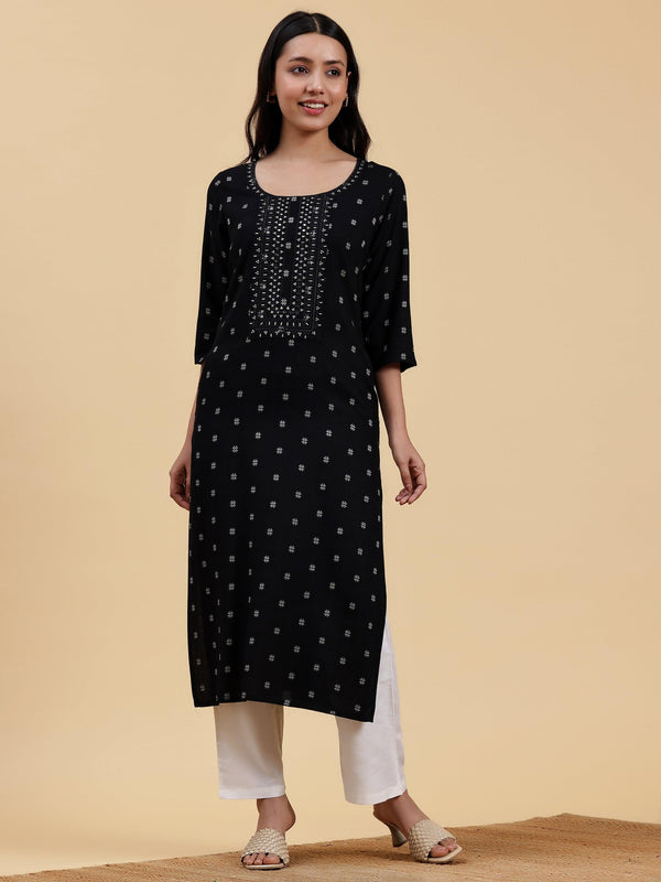 Black Embroidered Cotton Straight Kurta - Jashvi