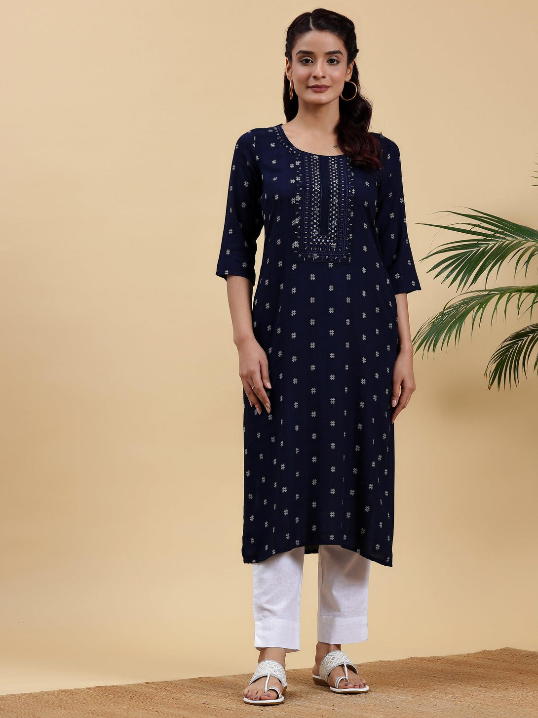 Blue Embroidered Cotton Straight Kurta - Jashvi