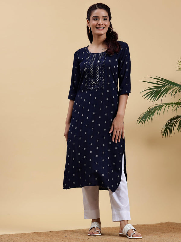 Blue Embroidered Cotton Straight Kurta