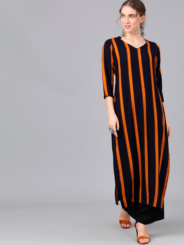 Women's  Navy Blue & Yellow Striped Straight Kurta - AKS