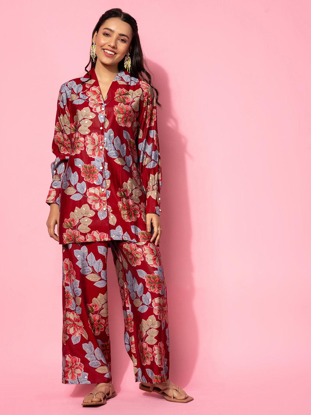 Maroon Printed Silk Blend Co-Ords - Jashvi