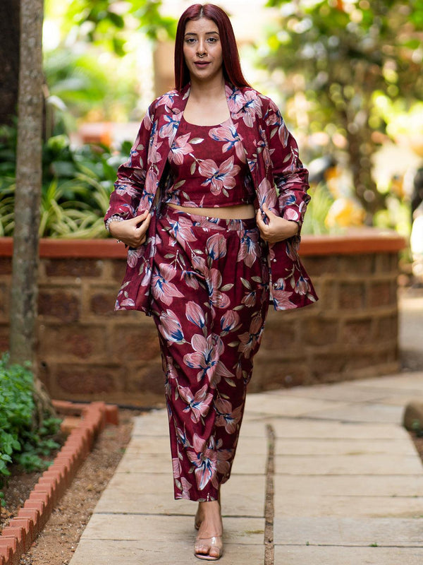 Maroon Printed Silk Blend Co-Ords