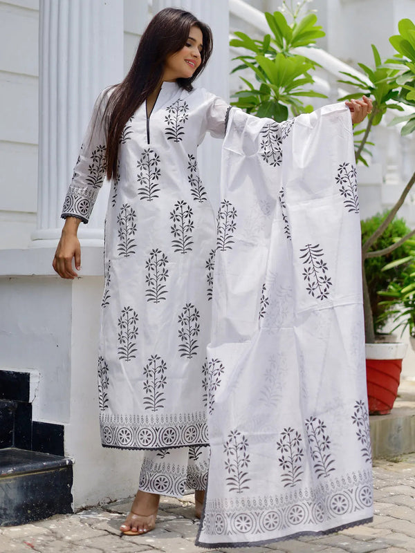 White Printed Chanderi Silk Straight Suit With Dupatta