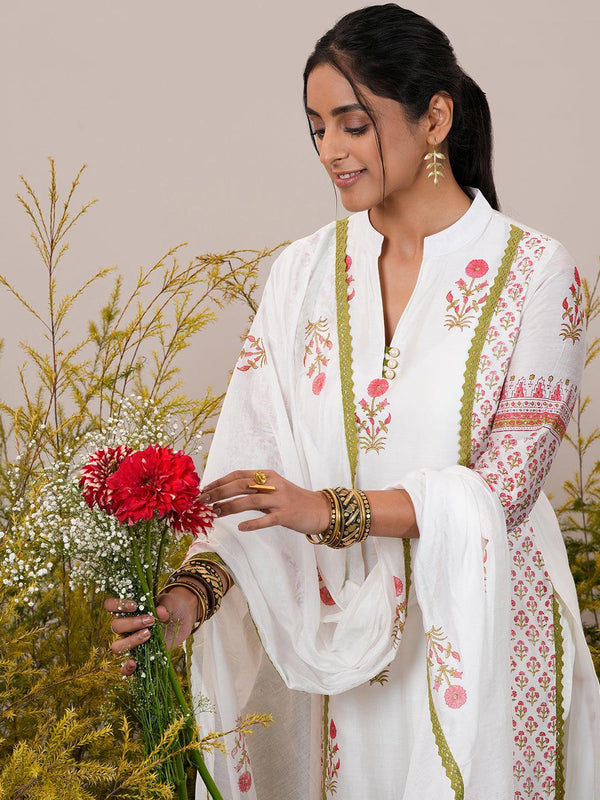 White Printed Chanderi Silk Straight Suit With Dupatta