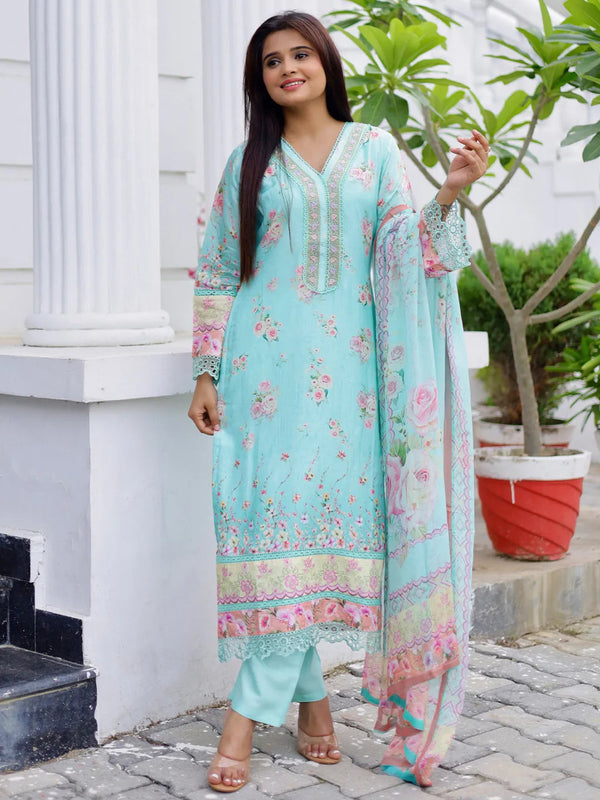 Turquoise Printed Silk Blend Straight Suit With Dupatta