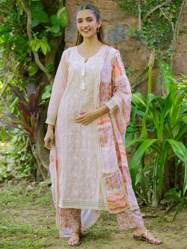 Peach Printed Cotton Straight Suit With Dupatta