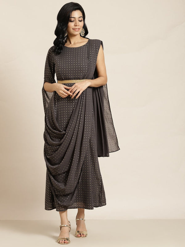 Women's Grey Georgette Printed Flared Gown with Drape - Juniper