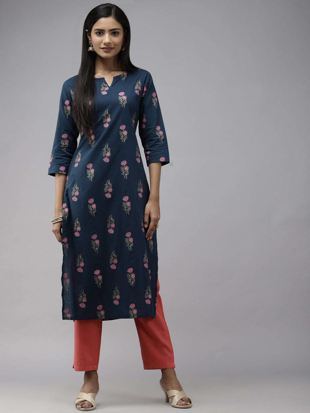 Women's Navy Blue Floral Embellished Straight Kurta - Yufta