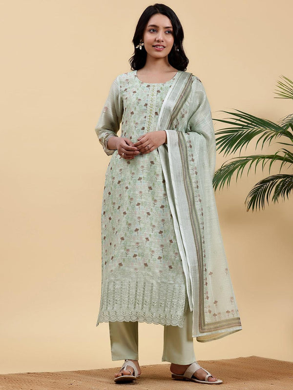 Green Printed Chanderi Silk Pakistani Suit