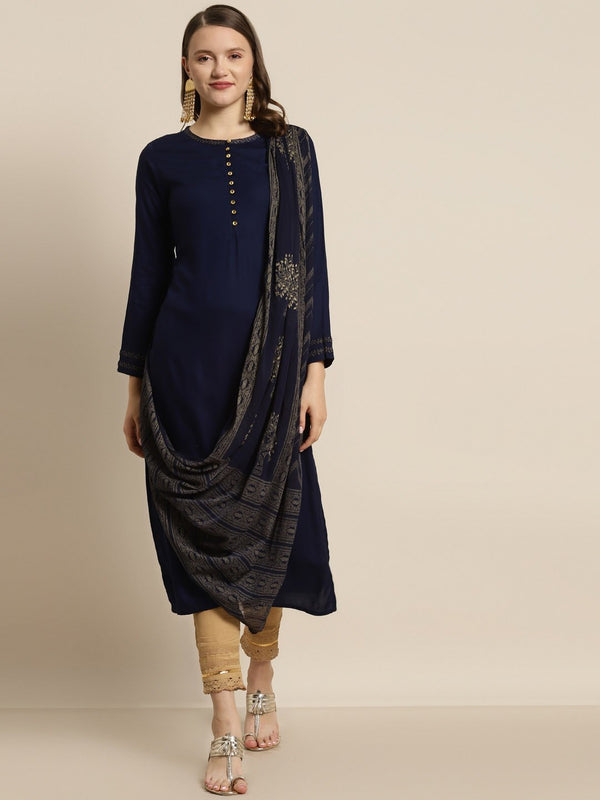 Women's Rayon Kurta with Chiffon Drape - Juniper