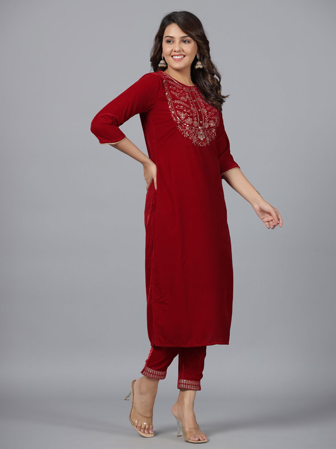 Women's Maroon Velvet Embroidered Kurta & Pants Set - Juniper