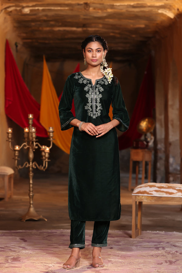 Jashvi Jade Green Ethnic Motif Printed Velvet Straight Kurta & Pants Set With Zari Work Embroidery.