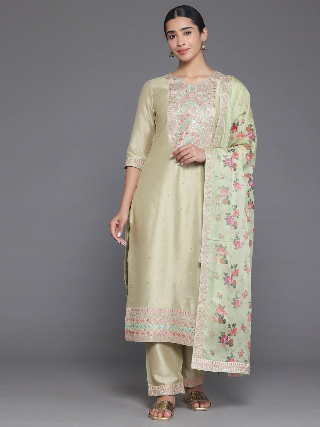 Green Embroidered Silk Blend Straight Suit With Dupatta - Jashvi