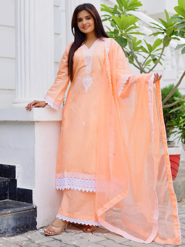 Peach Embroidered Silk Blend A-Line Kurta With Palazzos & Dupatta