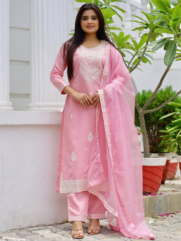 Pink Embroidered Silk Blend Straight Suit With Dupatta