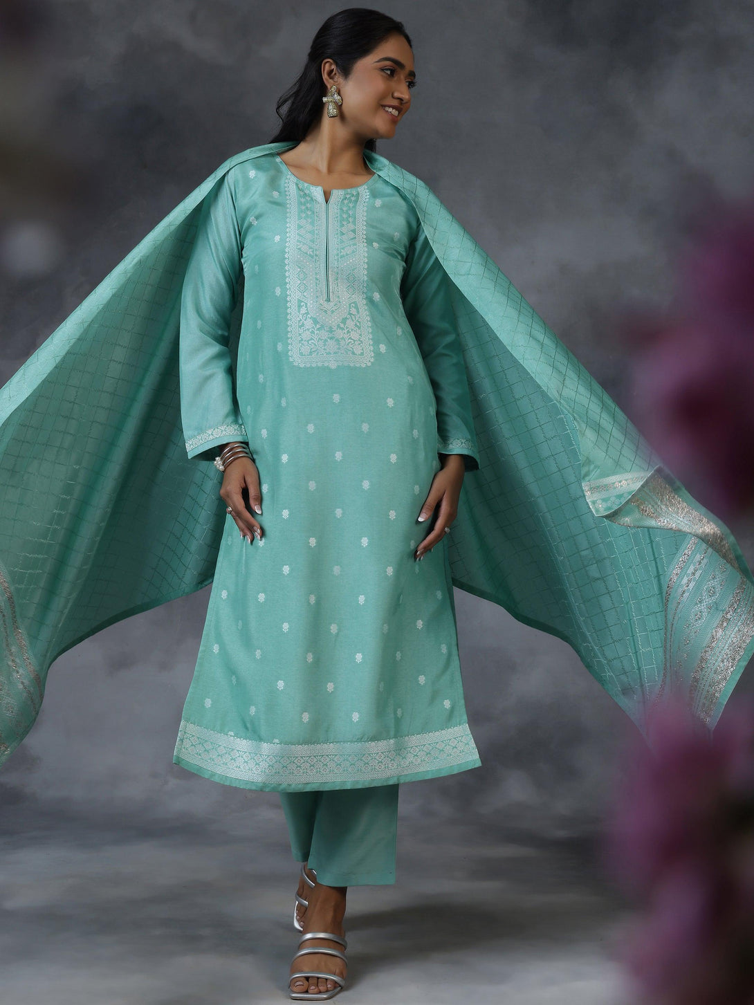 Green Woven Design Silk Blend Straight Suit With Dupatta - Jashvi