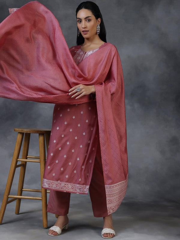 Pink Woven Design Silk Blend Straight Suit With Dupatta - Jashvi