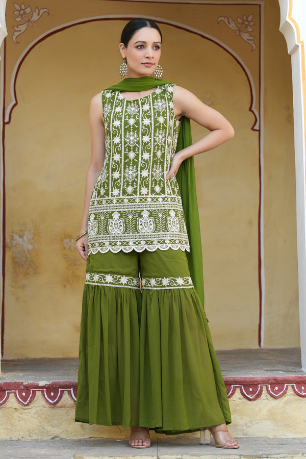 Jashvi Mehendi Green Ethnic Motif Printed Georgette Kurta Sharara & Dupatta Set With Thread Work Embroidery