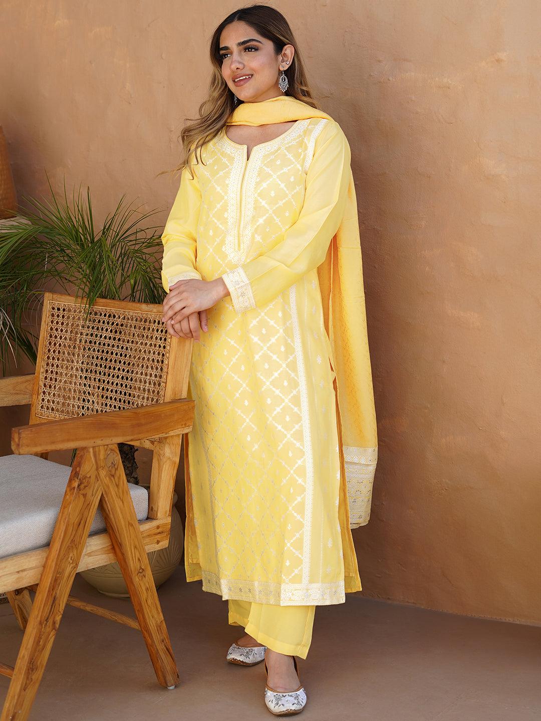 Yellow Woven Design Silk Blend Straight Suit With Dupatta - Jashvi