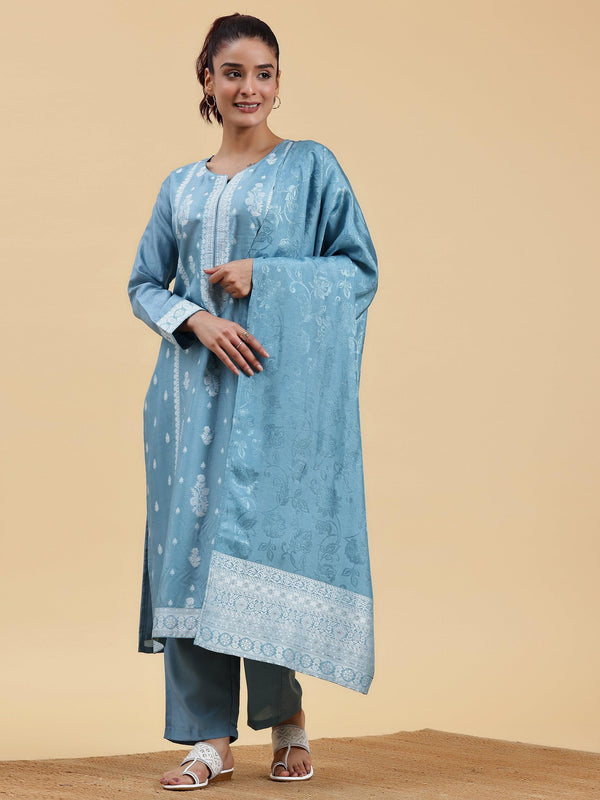 Blue Woven Design Silk Blend Straight Suit With Dupatta - Jashvi