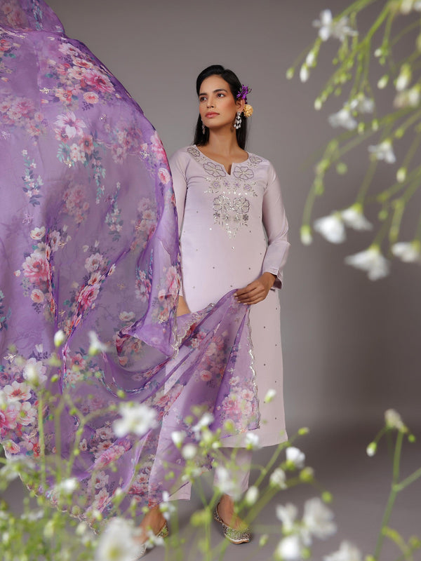 Lilac Embellished Silk Blend Straight Suit With Dupatta - Jashvi