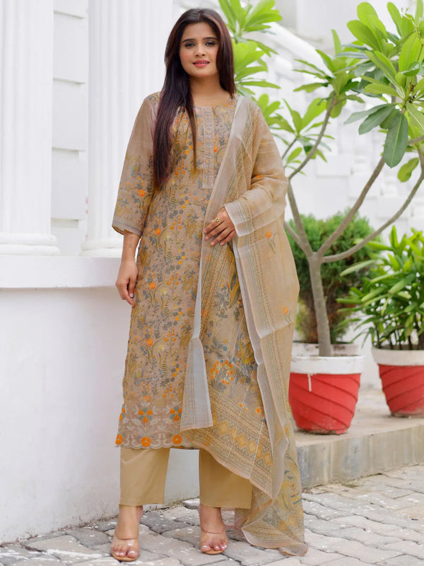 Tan Printed Chanderi Silk Straight Suit With Dupatta