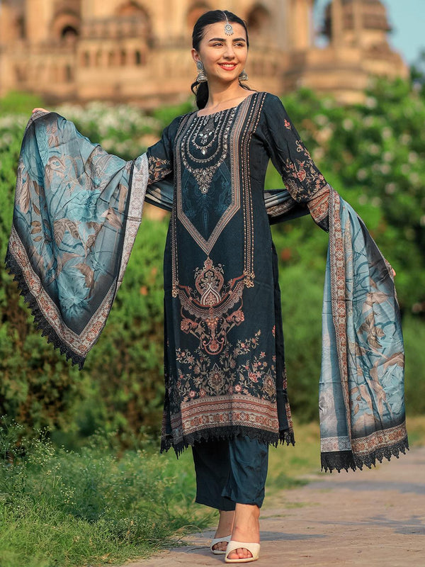 Blue Printed Silk Blend Pakistani Suit