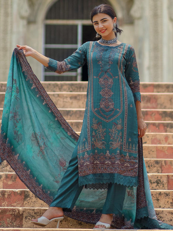 Green Printed Silk Blend Pakistani Suit