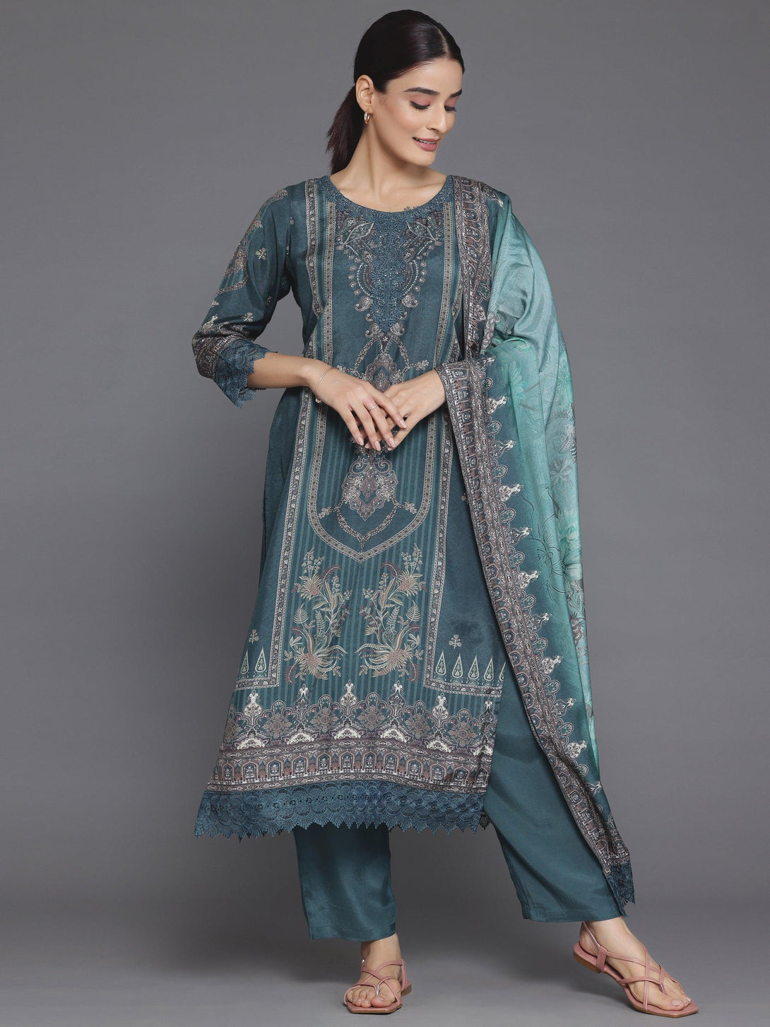 Green Printed Silk Blend Straight Suit With Dupatta - Jashvi