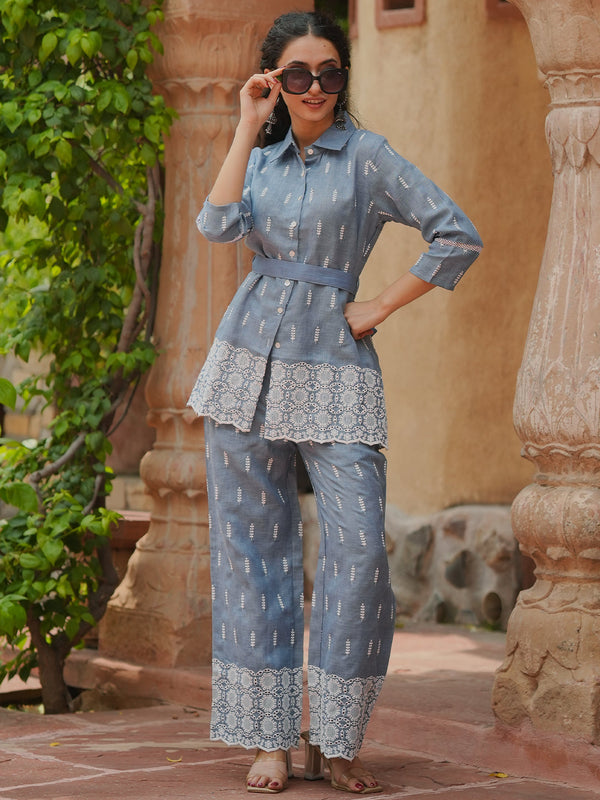 Blue Embroidered Linen Co-Ords